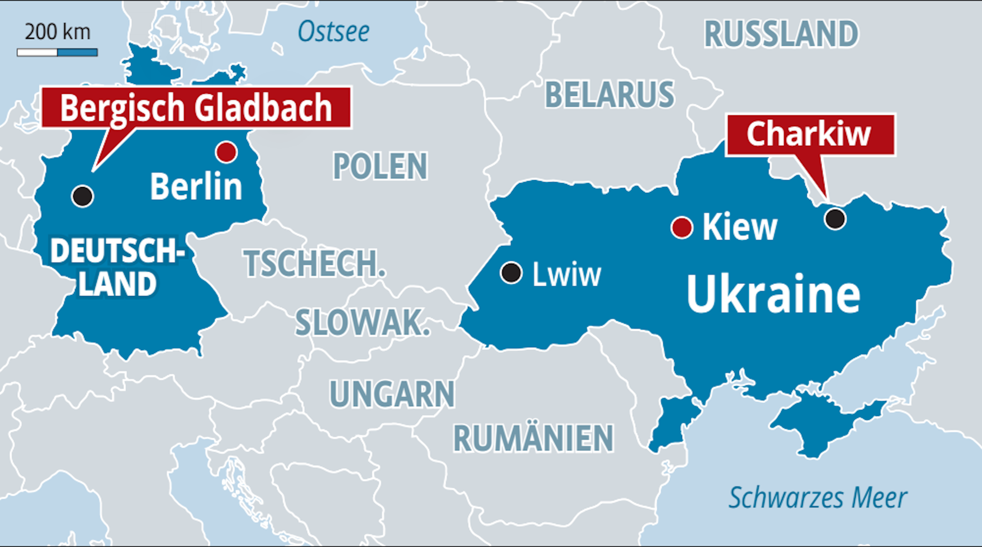 Mehr als 2300 Kilometer liegen zwischen der ukrainischen Millionenstadt Charkiw unweit der russischen Grenze und Bergisch Gladbach.