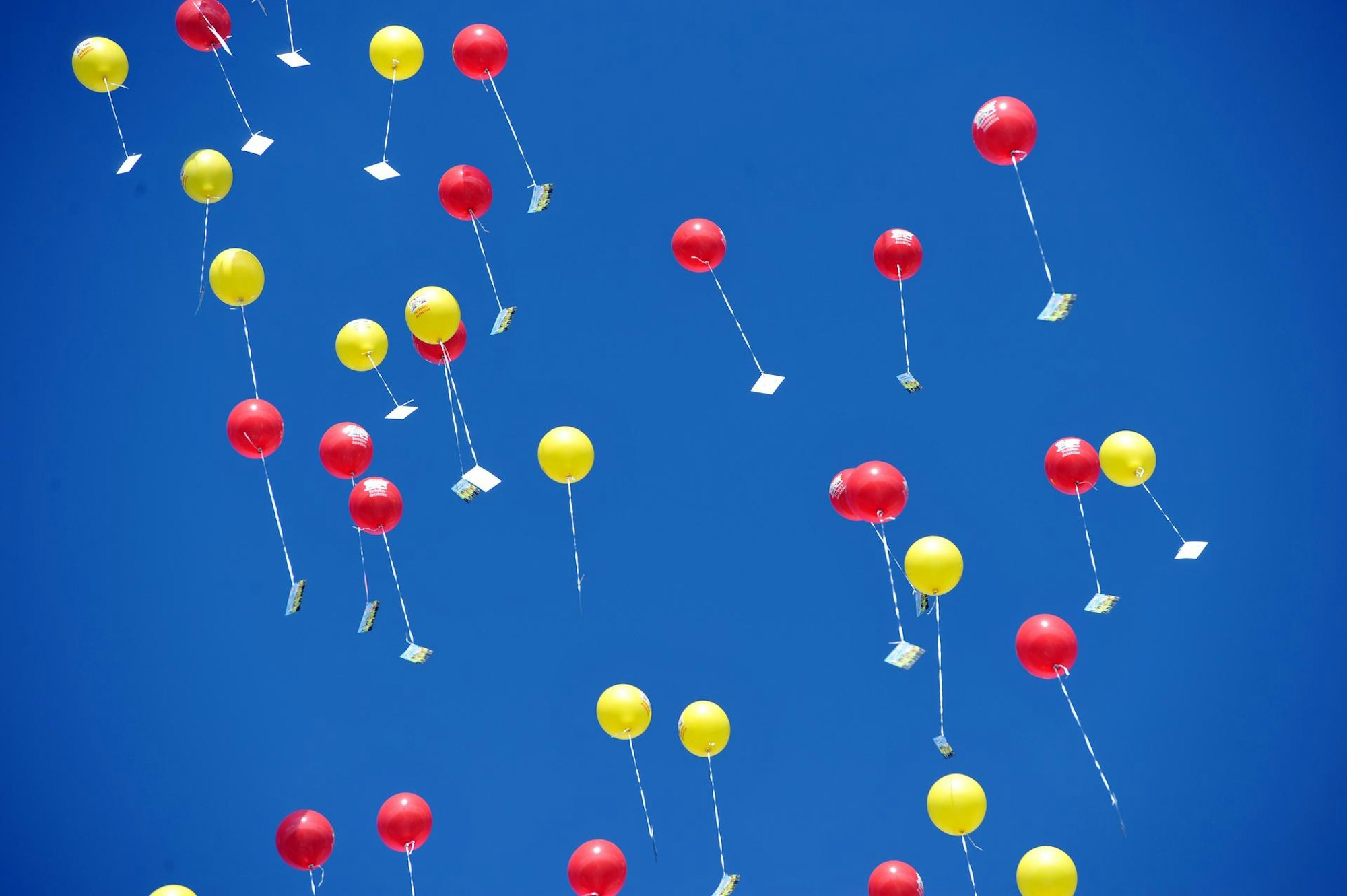 Bunte Ballons im Himmel Symbol dpa