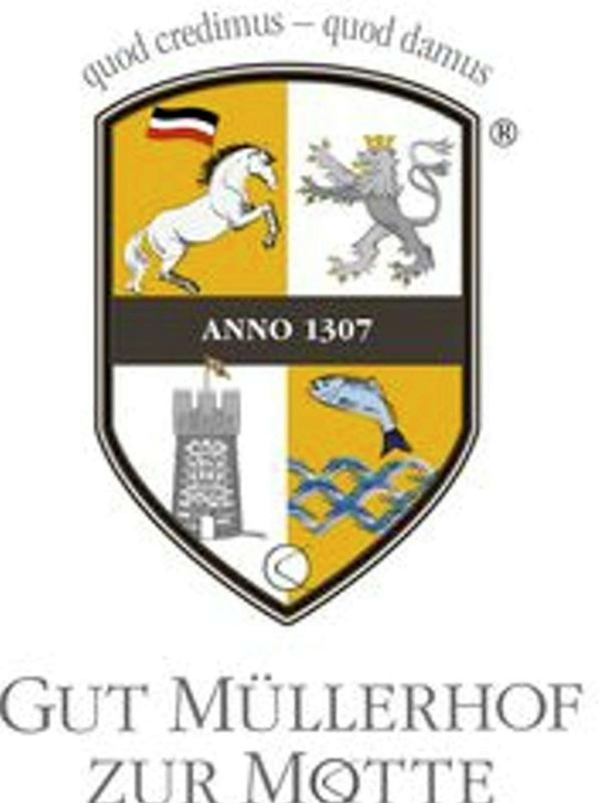 Das Wappen für das Gestüt "Gut Müllerhof zur Motte" mit Pferd und bergischem Löwen.