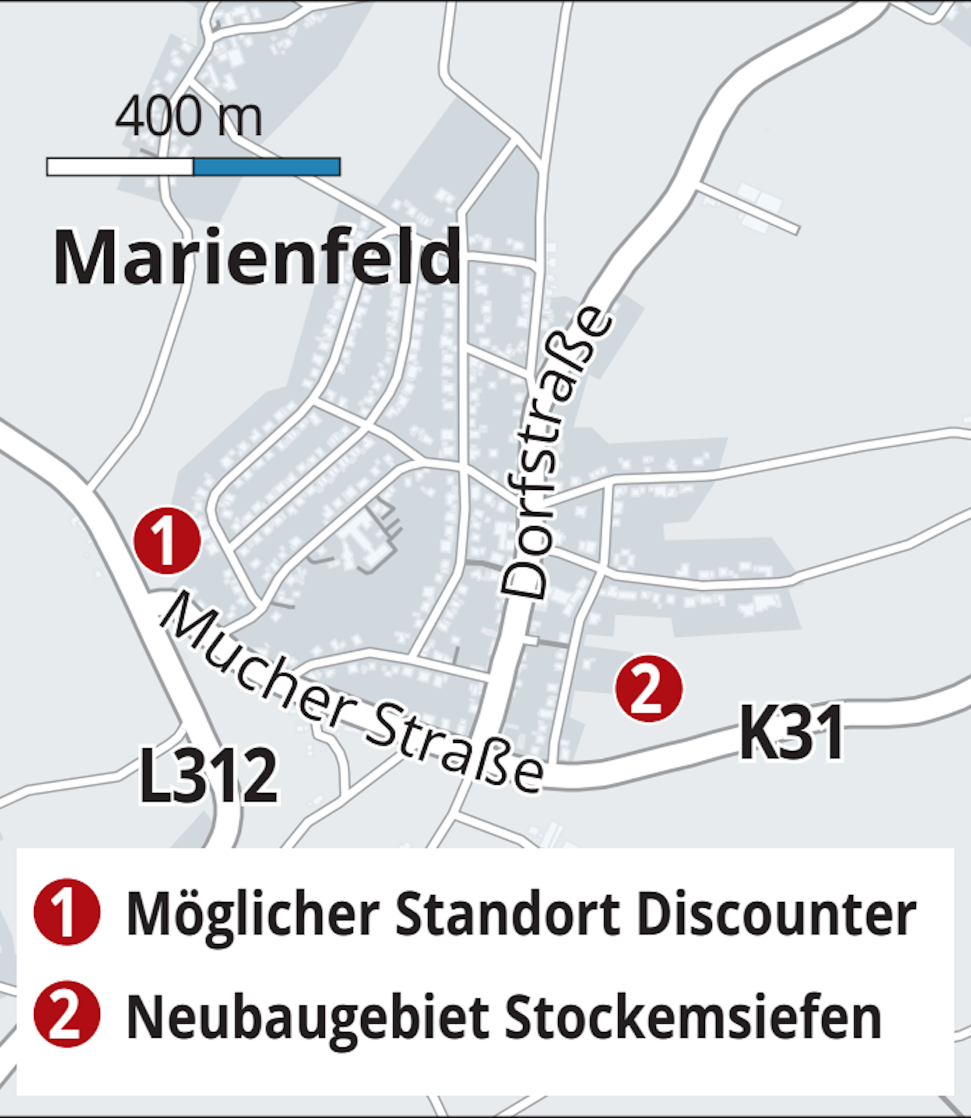 Die Karte zeigt die möglichen Gebiete für einen Discounter in Marienfeld.