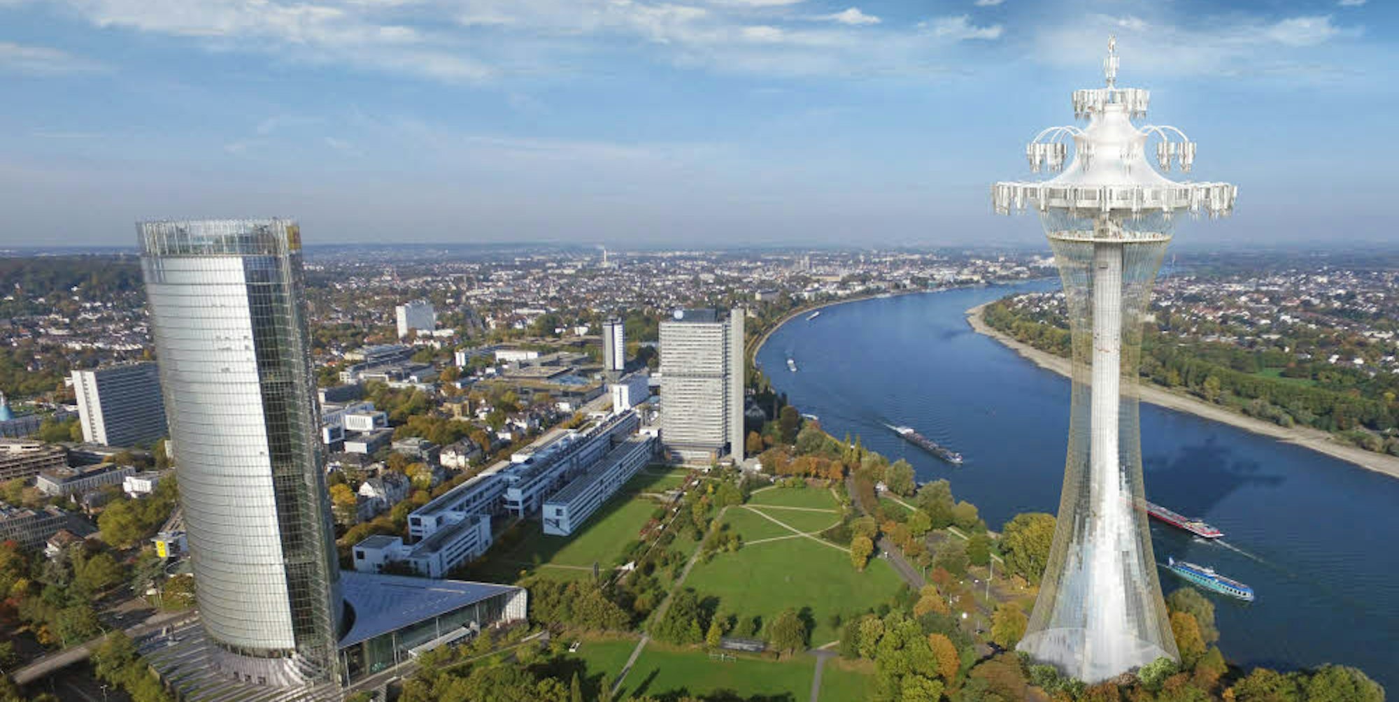 Der 162 Meter hohe Veranstaltungsturm stünde unmittelbar am Rhein gleich neben dem Post-Tower.