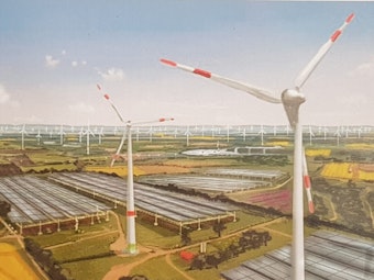 Windräder und Solaranlagen könnten nach Plänen der Stadt Kerpen auf Flächen aufgestellt werden, die bisher für den Tagebau vorgesehen waren.