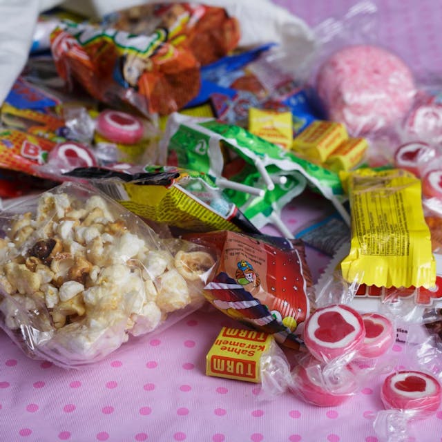 verschiedene Süßigkeiten liegen auf einer rosanen Tischdecke