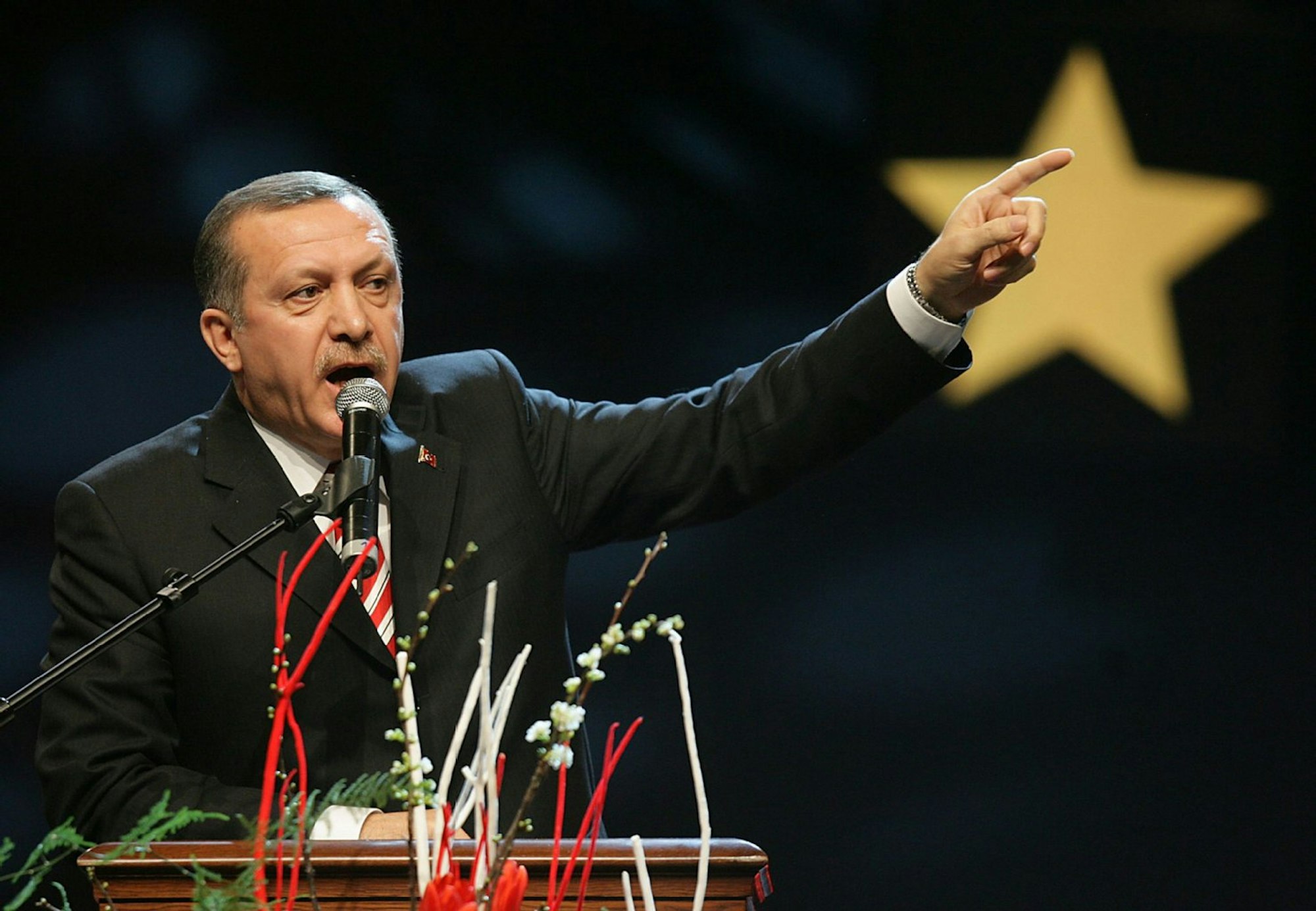 ARCHIV - Der türkische Ministerpräsident Recep Tayyip Erdogan spricht am Sonntag (10.02.2008) in Köln zu seinen Landsleuten.