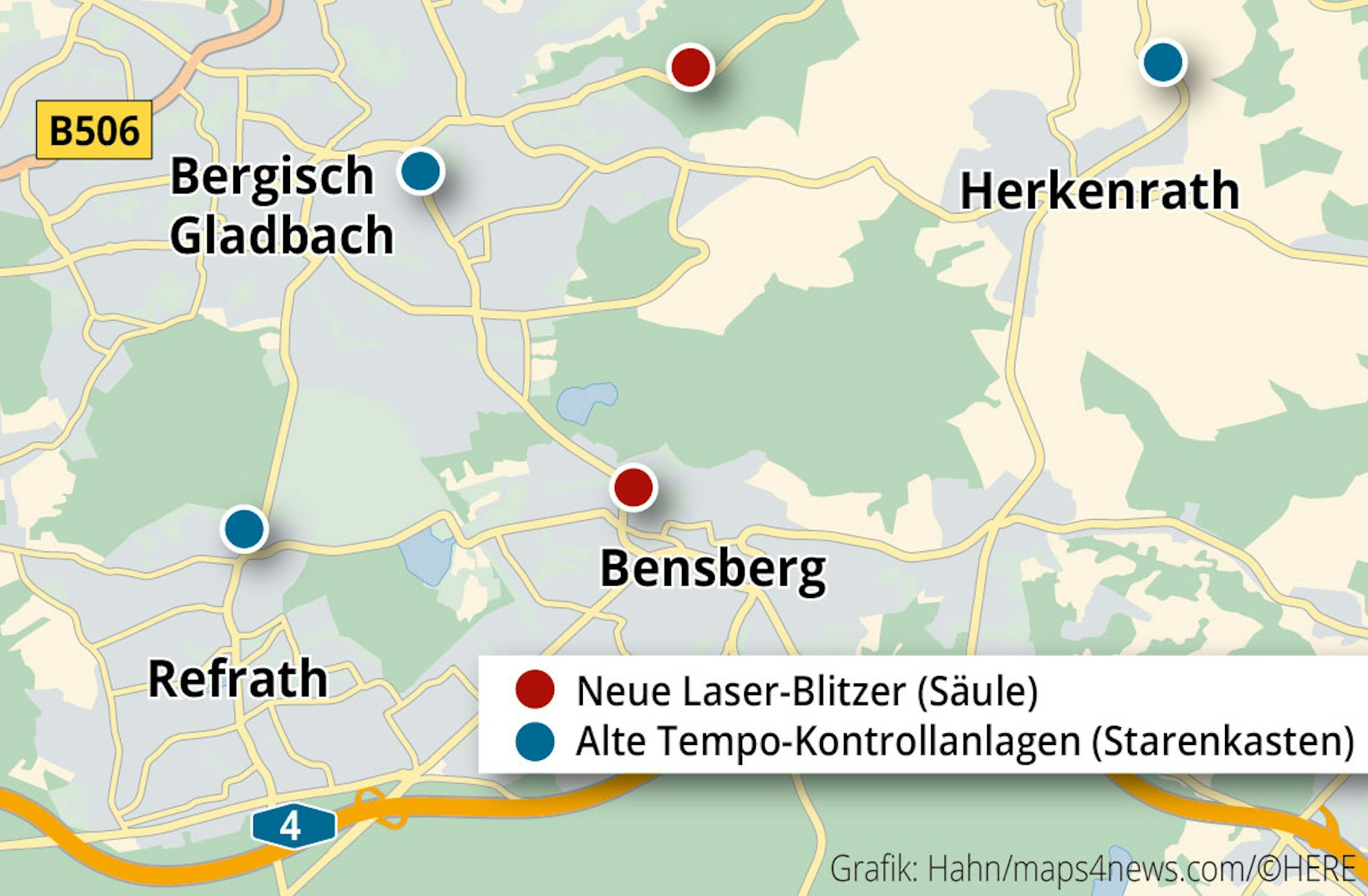 An diesen Stellen gibt es in Bergisch Gladbach Blitzer.