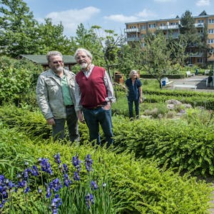 Imker Reiner Höller (links) und das Ehepaar Eichhorn in dem prächtig bewachsenen Garten des Neuland-Parks.