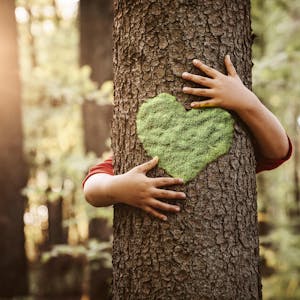 Kinderarme umarmen einen Baum mit einem aufgemalten Herz