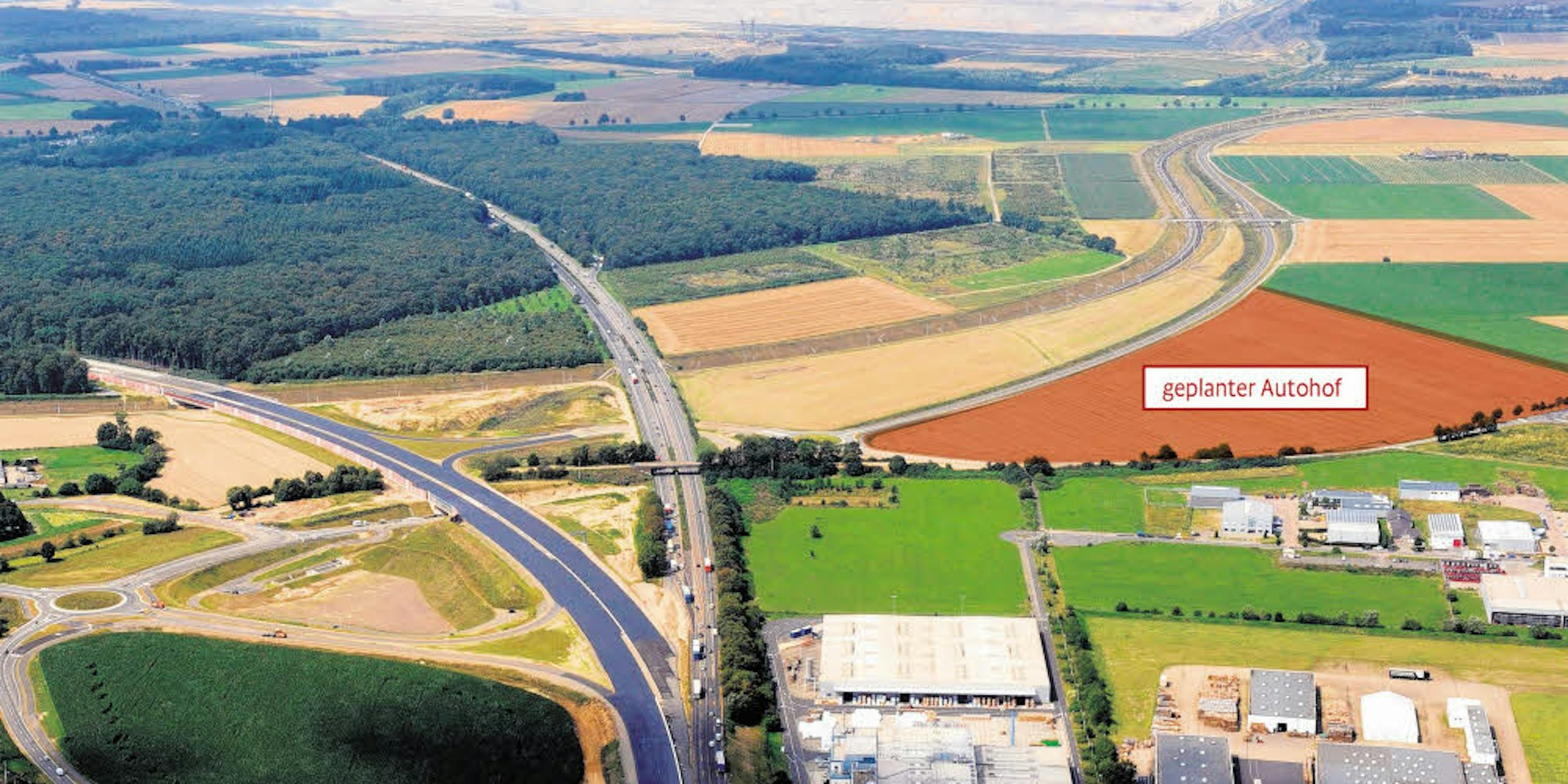 An der Autobahn 4 hinter dem Autobahnkreuz Kerpen ist an der Abfahrt Elsdorf der Autohof geplant.