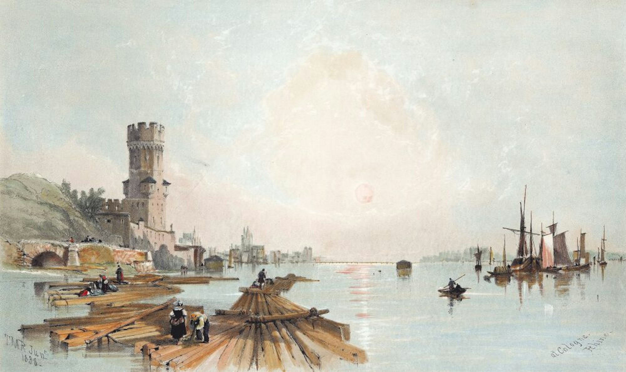 Der Bayenturm und der Rhein als prägende Ansichten: Flößer am Fluss. Thomas Miles Richardson, 1838.