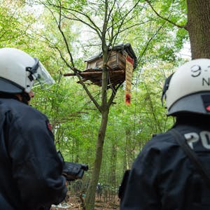 Polizei vor Baumhaus Hambacher Forst