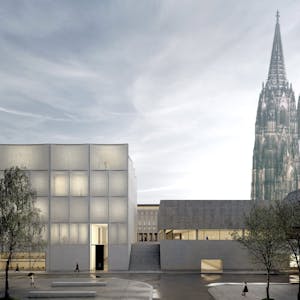 Umstrittenes Vorhaben: Das neue Stadtmuseum (links), daneben das sanierte Römisch-Germanische Museum (rechts).