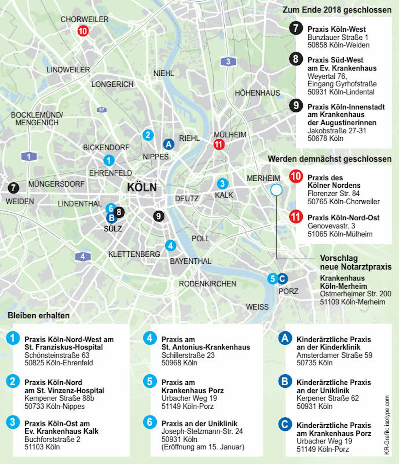 Die Verteilung der Notdienstpraxen in Köln.