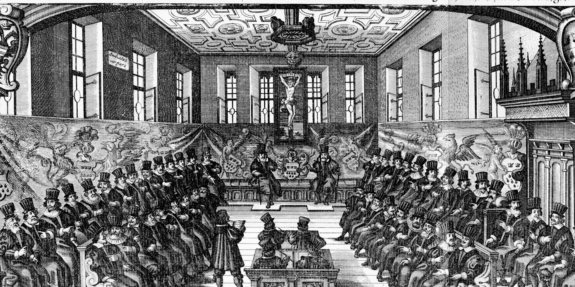 Als noch „hochweise und hochedle“ Männer das Regiment in Köln ausübten: die Ratsherren in ihrem Habit im Rathaus (Kupferstich aus dem Jahre 1655).