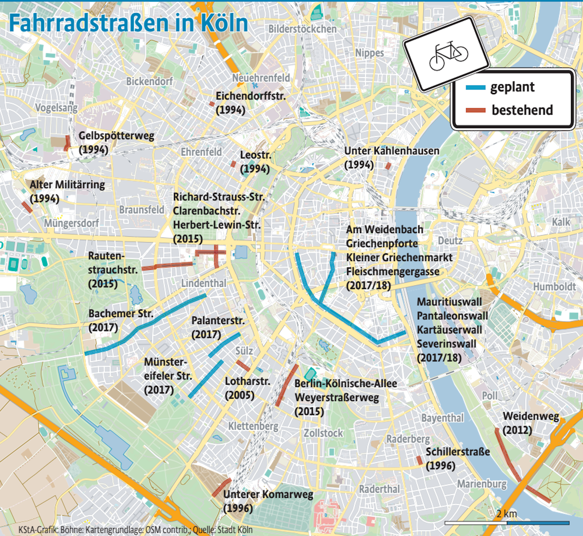Geplante und bestehende Fahrradstraßen in Köln.