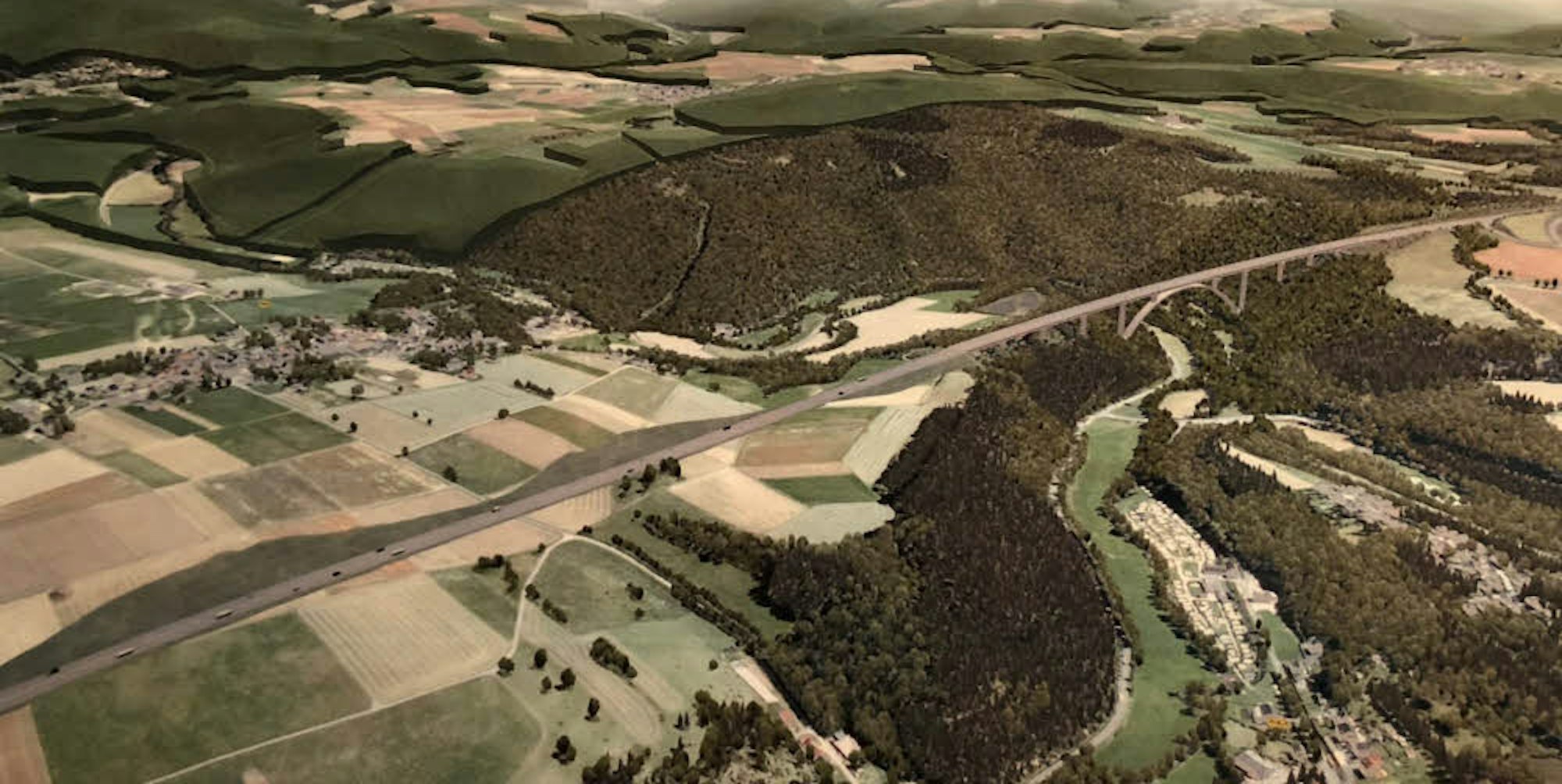 Diese Animation zeigt die geplante Ahrtalbrücke bei Dorsel, die eine Länge von 840 Metern haben wird.