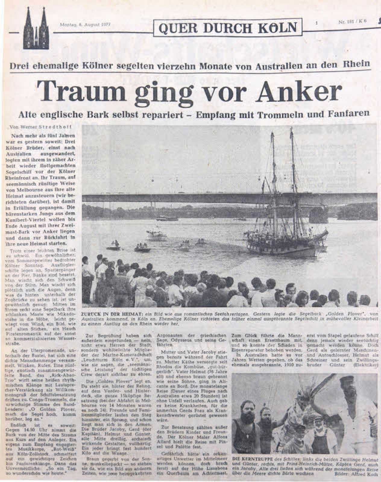 Die „Golden Plover“ war seit langem das erste Segelschiff dieser Größe auf dem Rhein – auch der „Kölner Stadt-Anzeiger“ berichtete über die Ankunft.