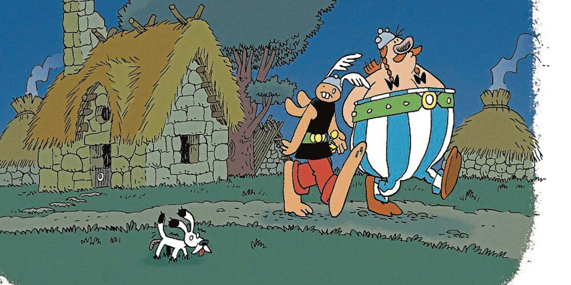 Herr Hase alias Asterix, Obelix und Hund Idefix spazieren durch ihr Dorf 