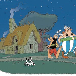 Herr Hase alias Asterix, Obelix und Hund Idefix spazieren durch ihr Dorf 