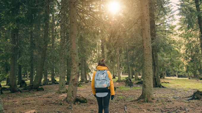 Frau mit Rucksack läuft durch einen Wald