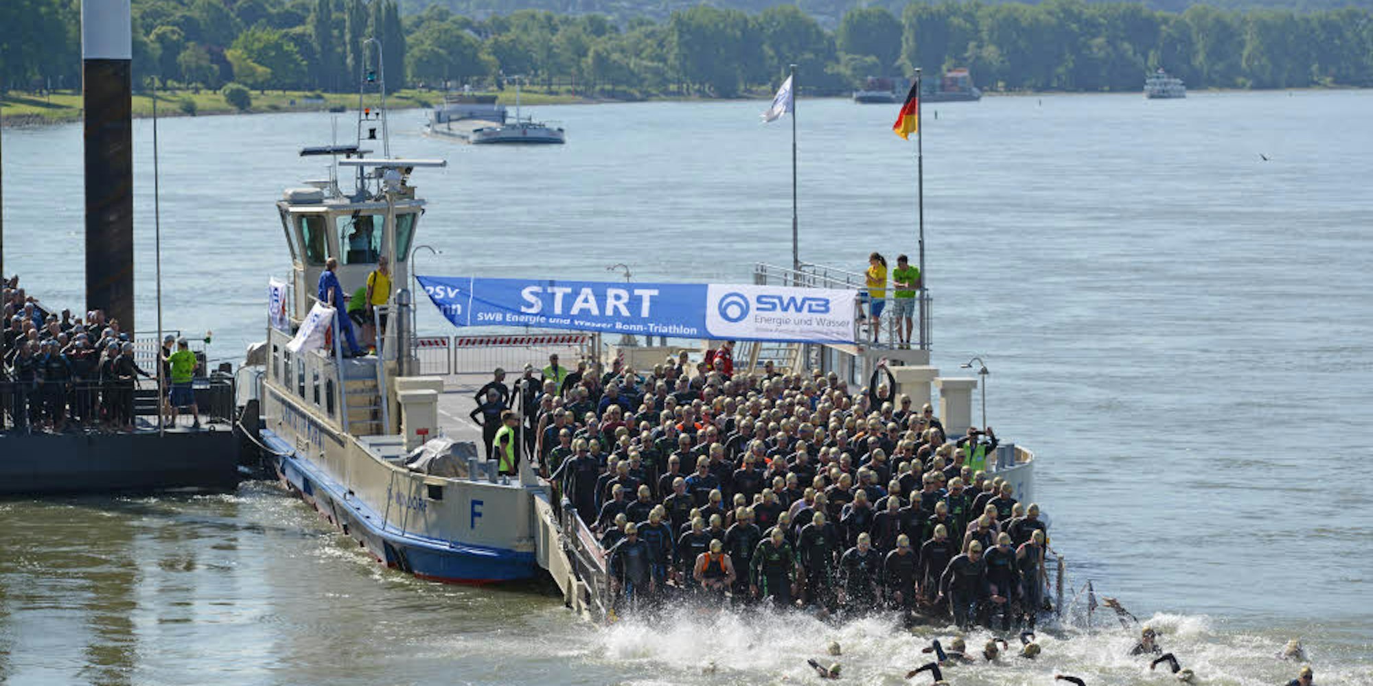 Der spektakuläre Start zum Schwimmen im Rhein erfolgt in sieben Gruppen von einer Autofähre in Ramersdorf.
