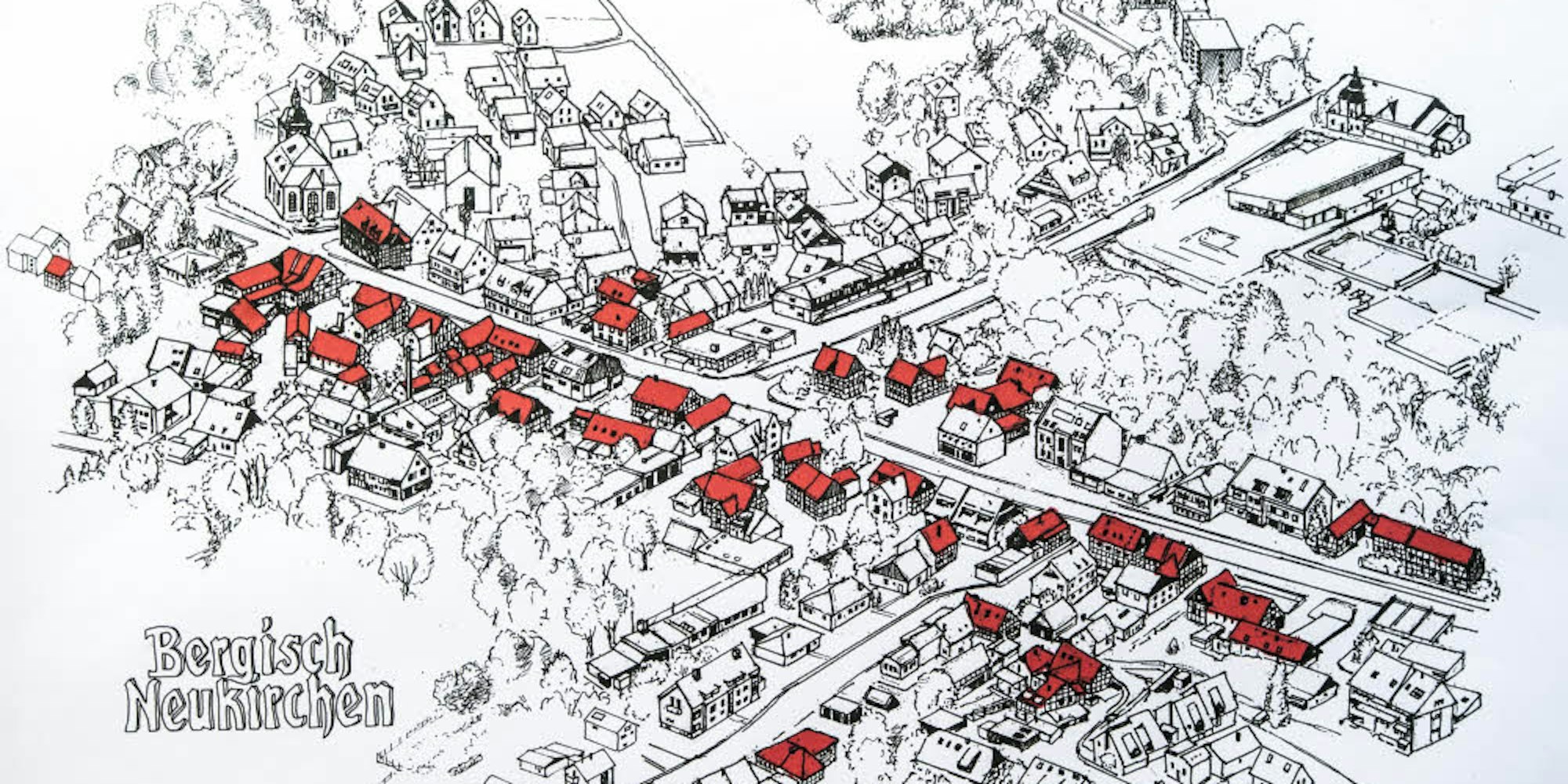 Eine Luftbild-Zeichnung vom Hauptort Bergisch Neukirchen, bei der alle Fachwerkhäuser mit roten Dächern markiert wurden