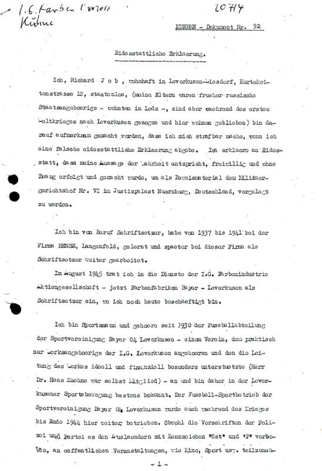 Drei Seiten lang ist die Aussage, die Richard Job am 6. Februar 1948 unterschrieb.