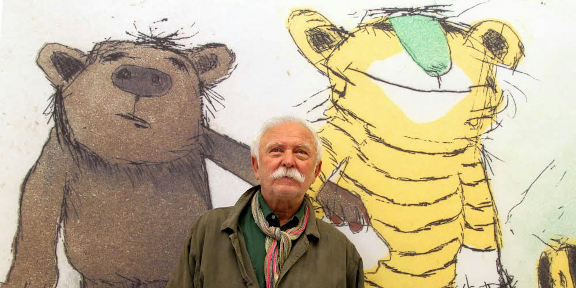Autor und Zeichner Janosch mit Bär und Tiger