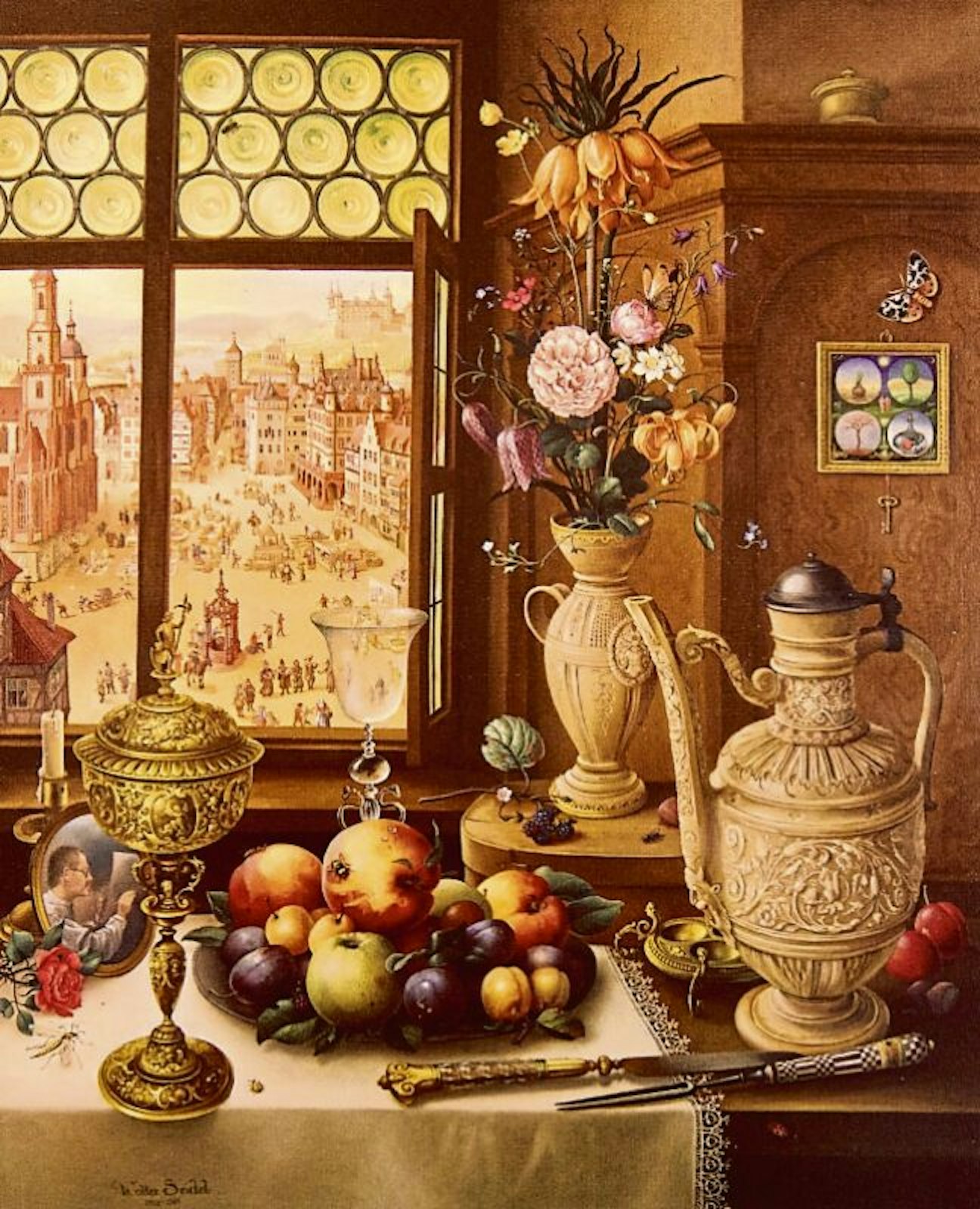 Seidels Gemälde „Meine Welt“ gewährt Einblicke in seine Welt mit seinem geschätzten Siegburger Steinzeug. Rechts vorne eine Stegkanne von 1593, die er im Original besitzt (rechtes Bild), links dahinter ein „Trichterkrüglein“. Den Blumenstrauß ziert oben die Kaiserkrone.