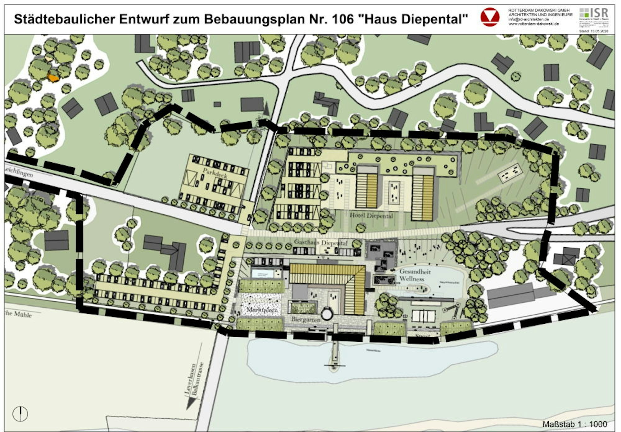 Auf dem Plan für das Diepentaler Neubauprojekt sind neben Hotel und Gastromie ein Parkdeck, Marktplatz, Biergarten, Sportplatz und Steg zu sehen.