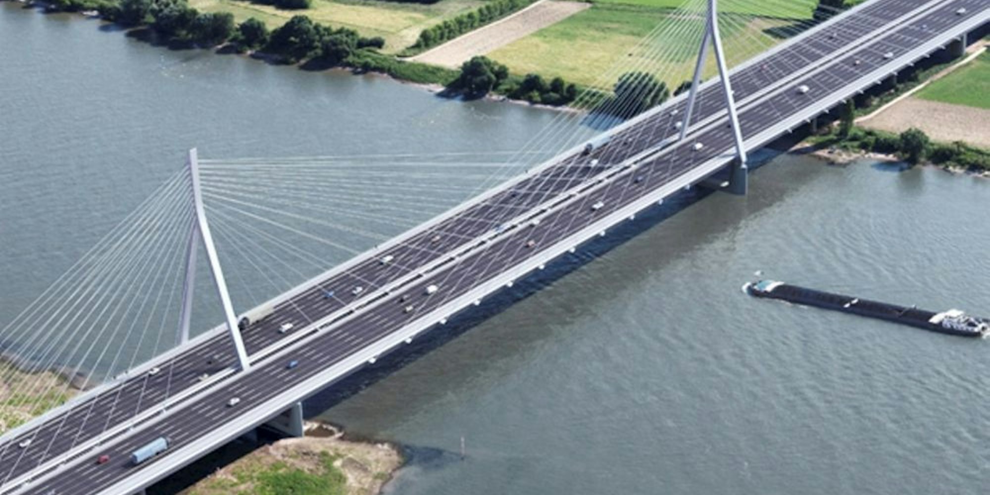 Bleibt noch länger nur eine Vision: die neue Leverkusener Rheinbrücke. Im September 2023 soll das erste Teilstück für den Verkehr freigegeben werden.