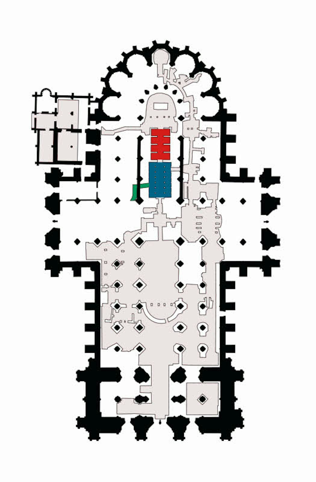 Grundriss des Kölner Doms: Rot eingezeichnet ist der Standort der Gruft, blau der Krypta, grün der Zugang zur Krypta.