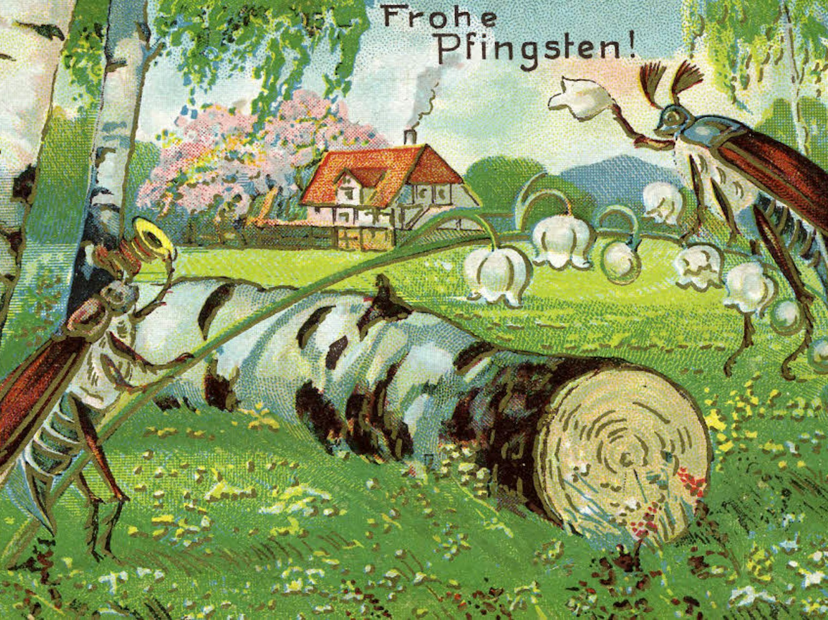 Diese 1910 gelaufene Grußkarte zu Pfingsten zeigt ein fröhliches Käfermotiv, das eine „Holzfahrt“ in die Natur andeutet.