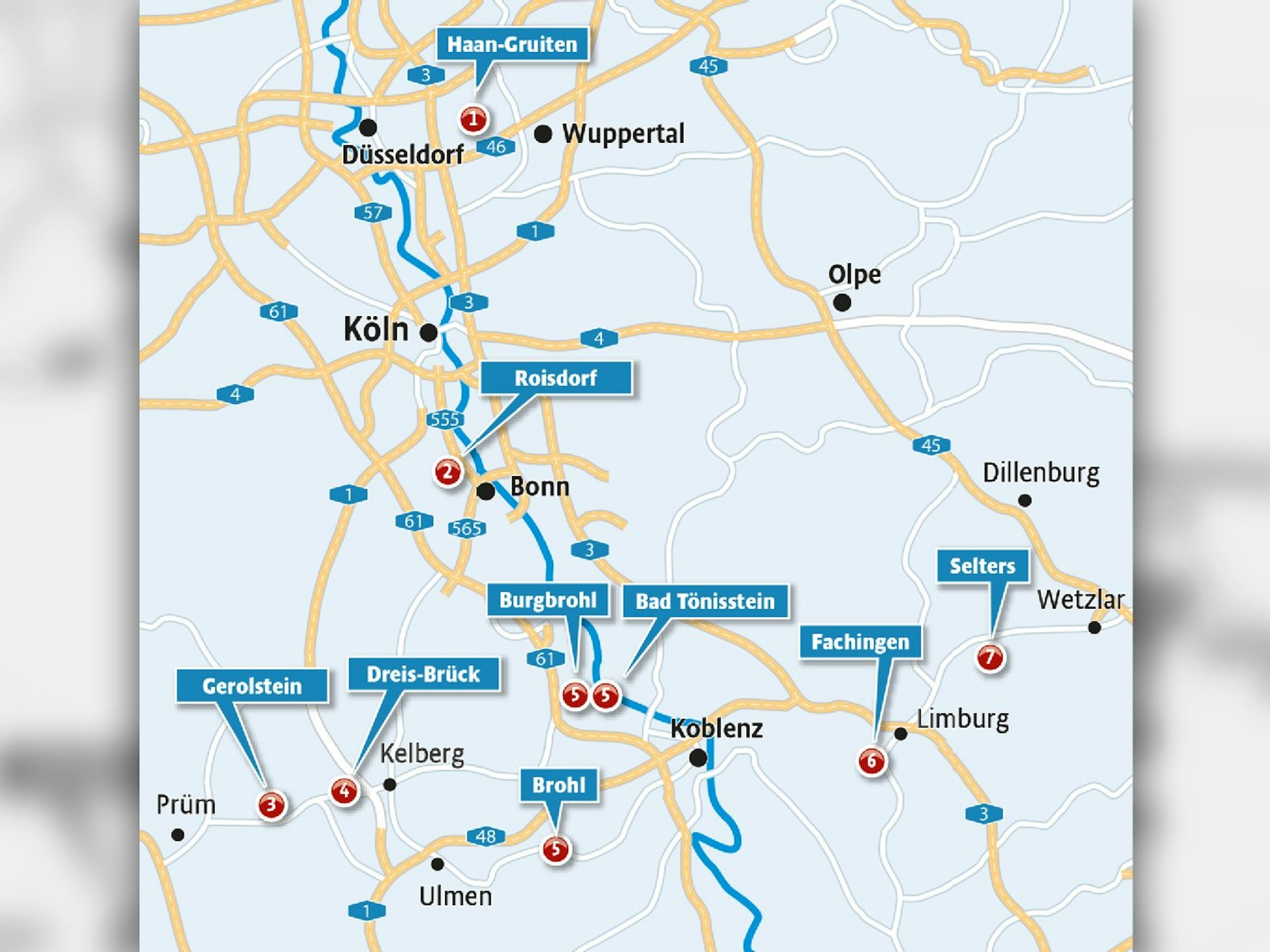 Eine Übersicht der Mineralquellen rund um Köln.