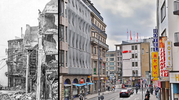 Die Straßenkreuzung Marzellenstraße am 6.3.1945 (links) und heute. Vor fast genau 70 Jahren nahmen die Alliierten das linksrheinische Köln ein. Das historische Foto zeigt einen deutschen Panzerkampfwagen V „Panther“ nach dem Abschuss durch einen amerikanischen Panzer.