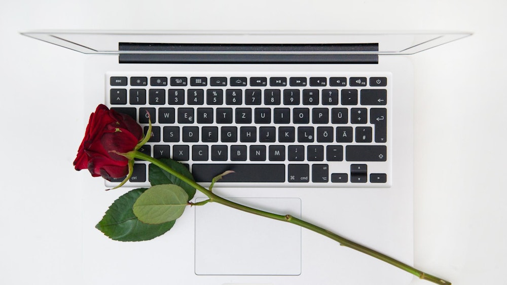 Eine rote Rose liegt auf einem weißen Laptop.