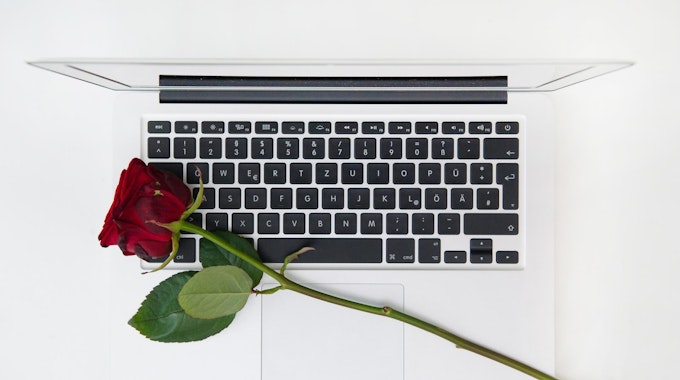 Eine rote Rose liegt auf einem weißen Laptop.