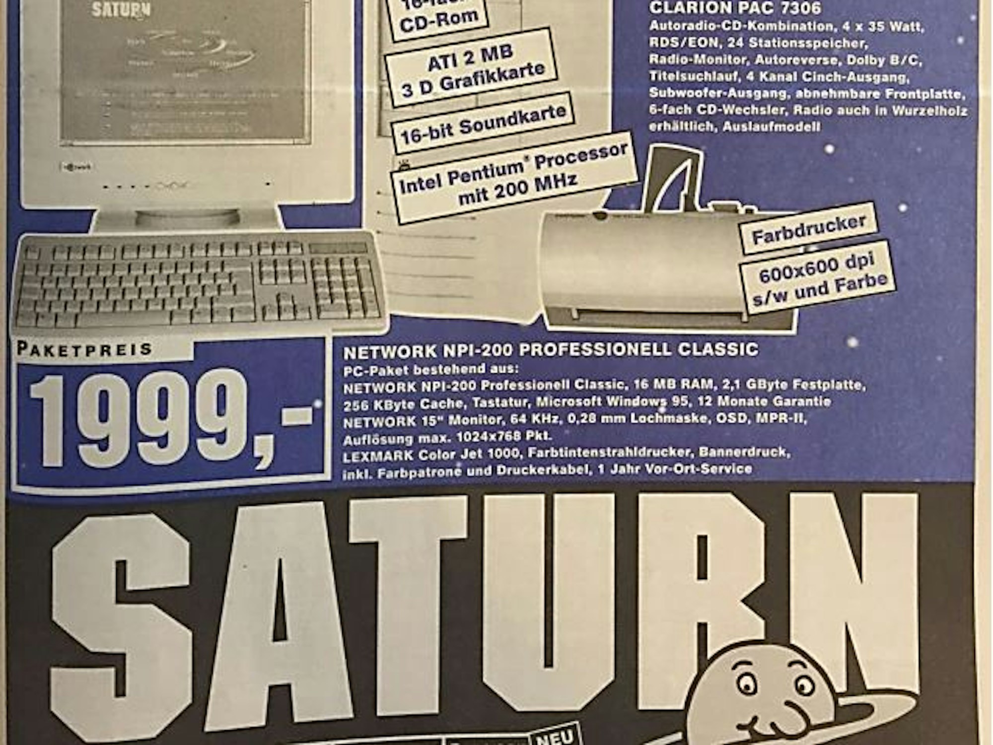Das Foto zeigt eine Computer-Werbung von 1997. Der PC kostete 1999 D-Mark.
