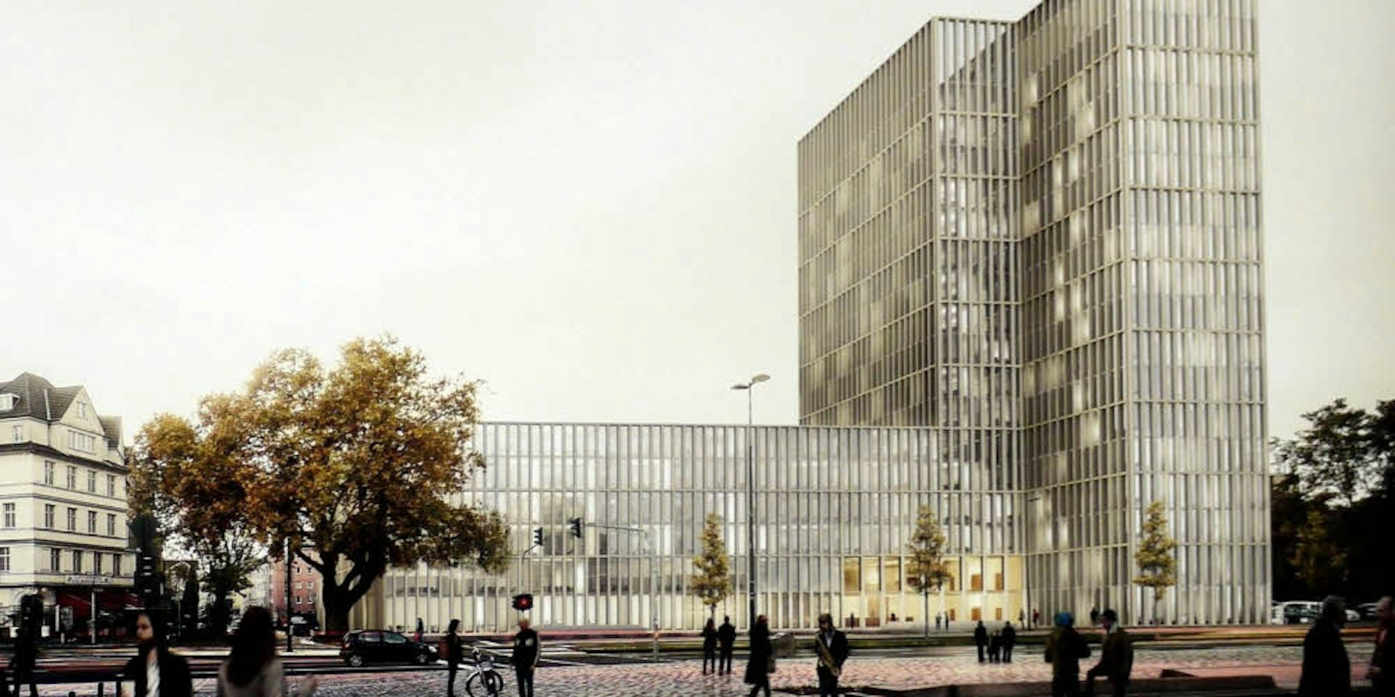 Eine klar gegliederte Fassade mit zwei scheibenförmigen Bürotürmen – so soll das LVR-Bürogebäude künftig aussehen.