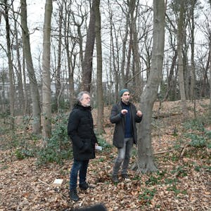 Holger Sticht (r.) und Mark vom Hofe im Waldstück an der Frankenforster Straße.