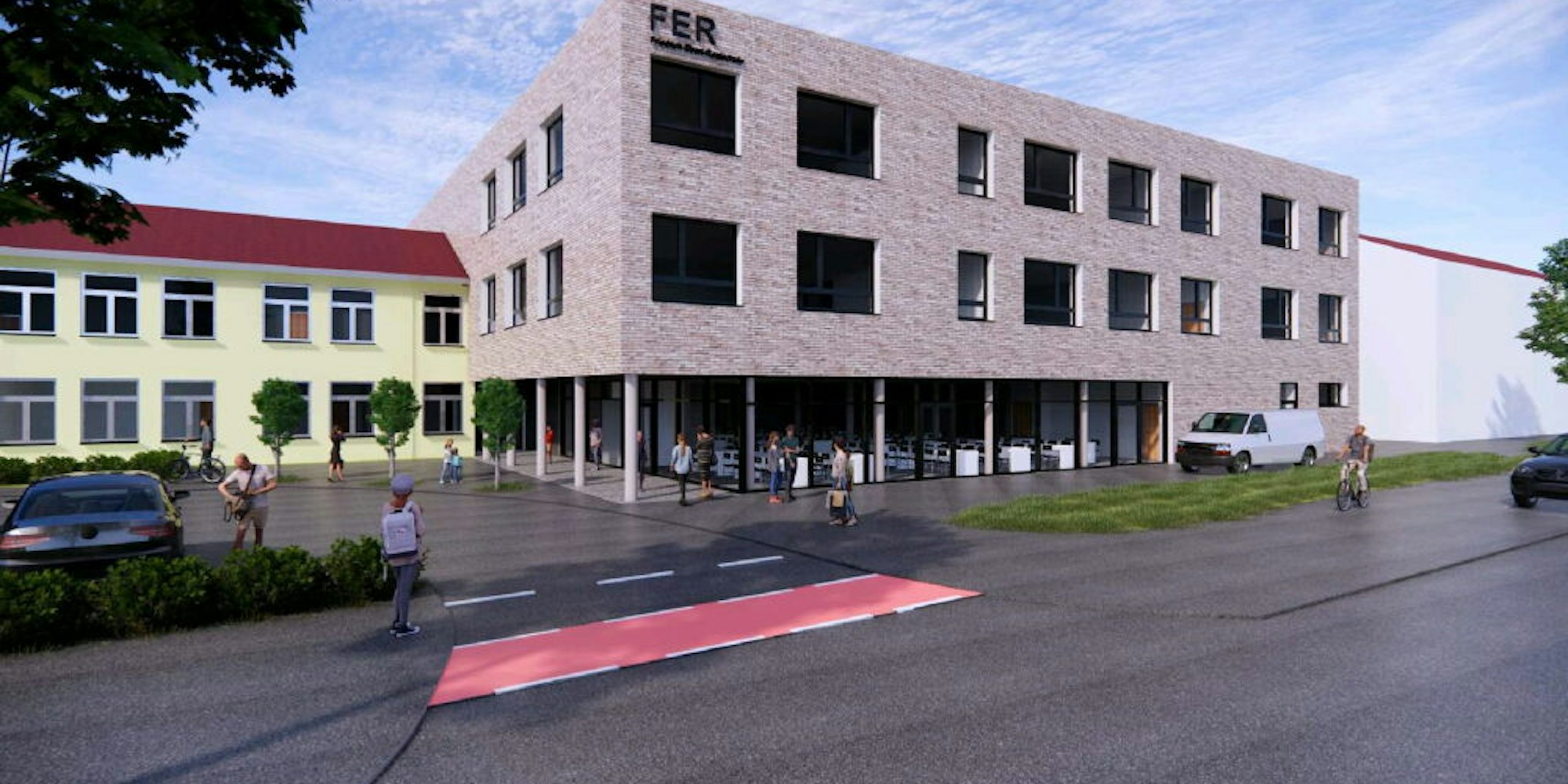 Im Neubau an der Krankenhausstraße werden Mensa, Aula und Klassenräume untergebracht.