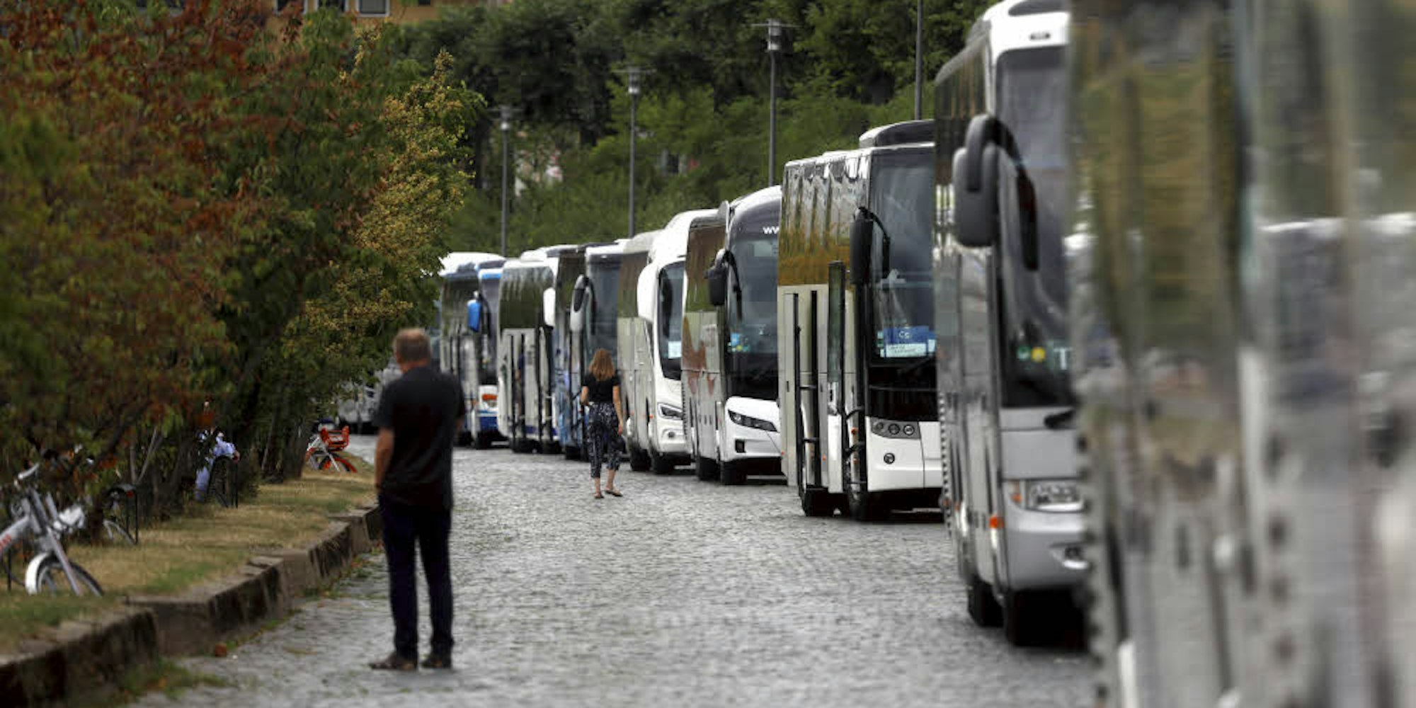 Die Busse parken am Rheinufer nördlich der Bastei aufgereiht wie auf einer Perlenschnur. 