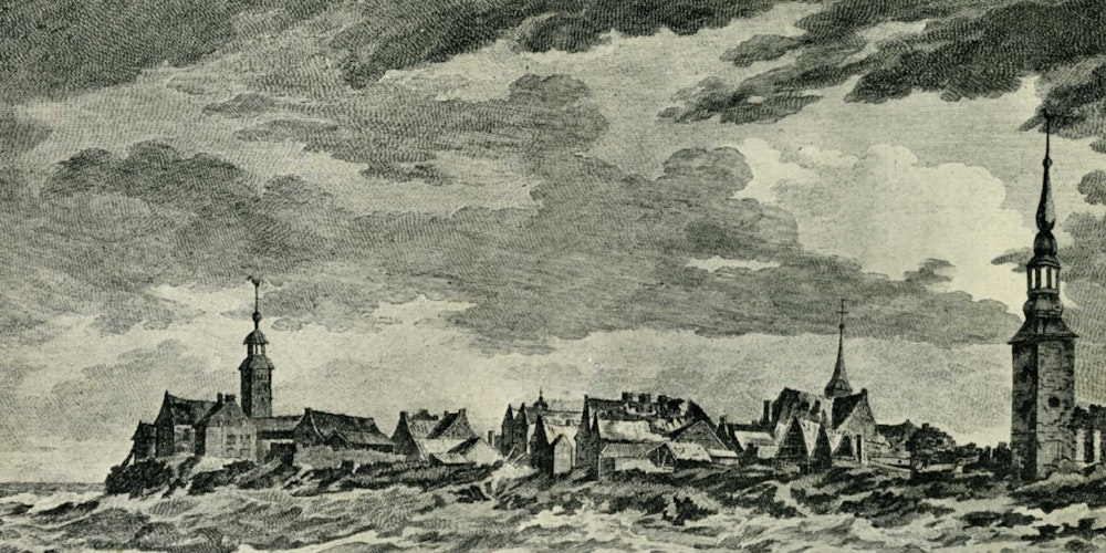 Mülheims Zerstörung durch den Eisgang im Februar 1784 (das Bild wurde der 1913 erschienenen „Geschichte der Stadt Mülheim“ von Johann Bendel entnommen).