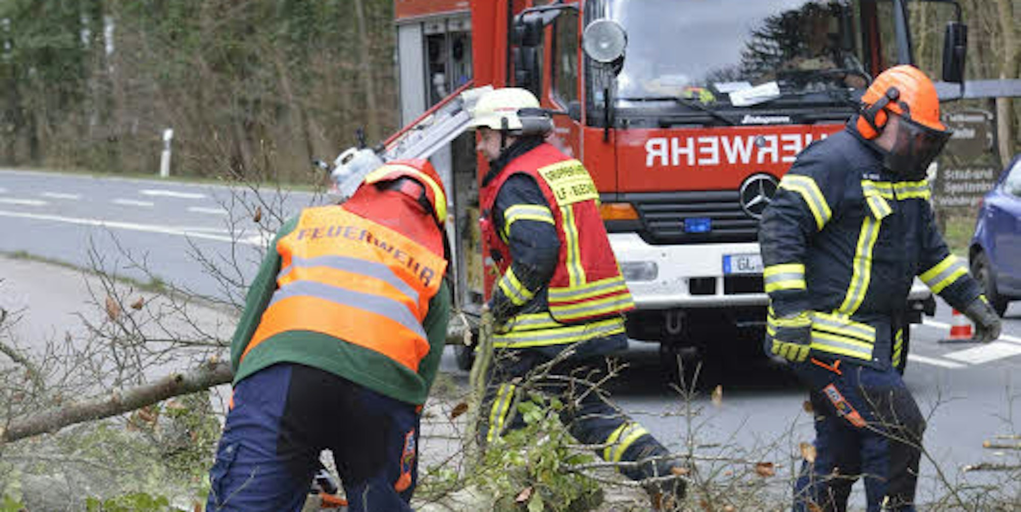 Aufräumarbeiten an der Straße zwischen Voiswinkel und Odenthal, wo Sturmtief Friederike am Donnerstag mehrere Bäume umgekippt hatte.