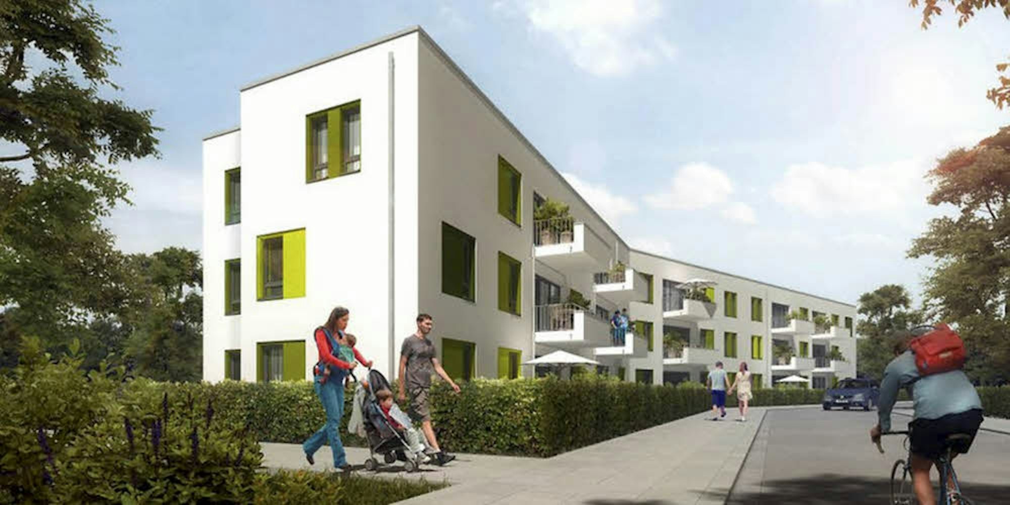 Auf einer Grünfläche zwischen Industrie-, Wattignies- und Josef-Kallscheuer-Straße wird das neue Haus für Flüchtlinge gebaut.