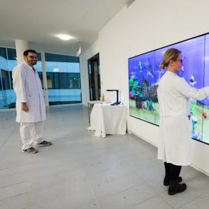 Im Eingangsbereich schwimmen virtuelle Fische in einem digitalen Aquarium, die die kleinen Patienten selbst gestalten können.