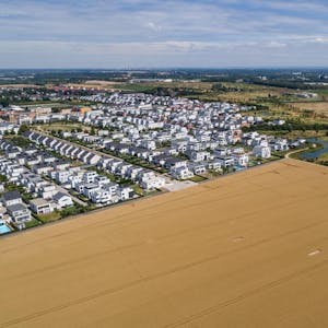 Das Neubaugebiet „Prima Colonia“ in Köln-Widdersdorf auf einer Luftaufnahme von 2018.