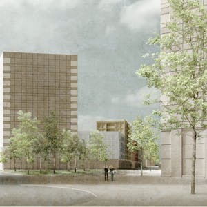 In einer Illustration ragt das Wohnhochhaus als Orientierungspunkt über die Parkstadt hinaus. Entnommen wurde sie der Integrierten Planung für die Parkstadt Süd, Stand 2018.