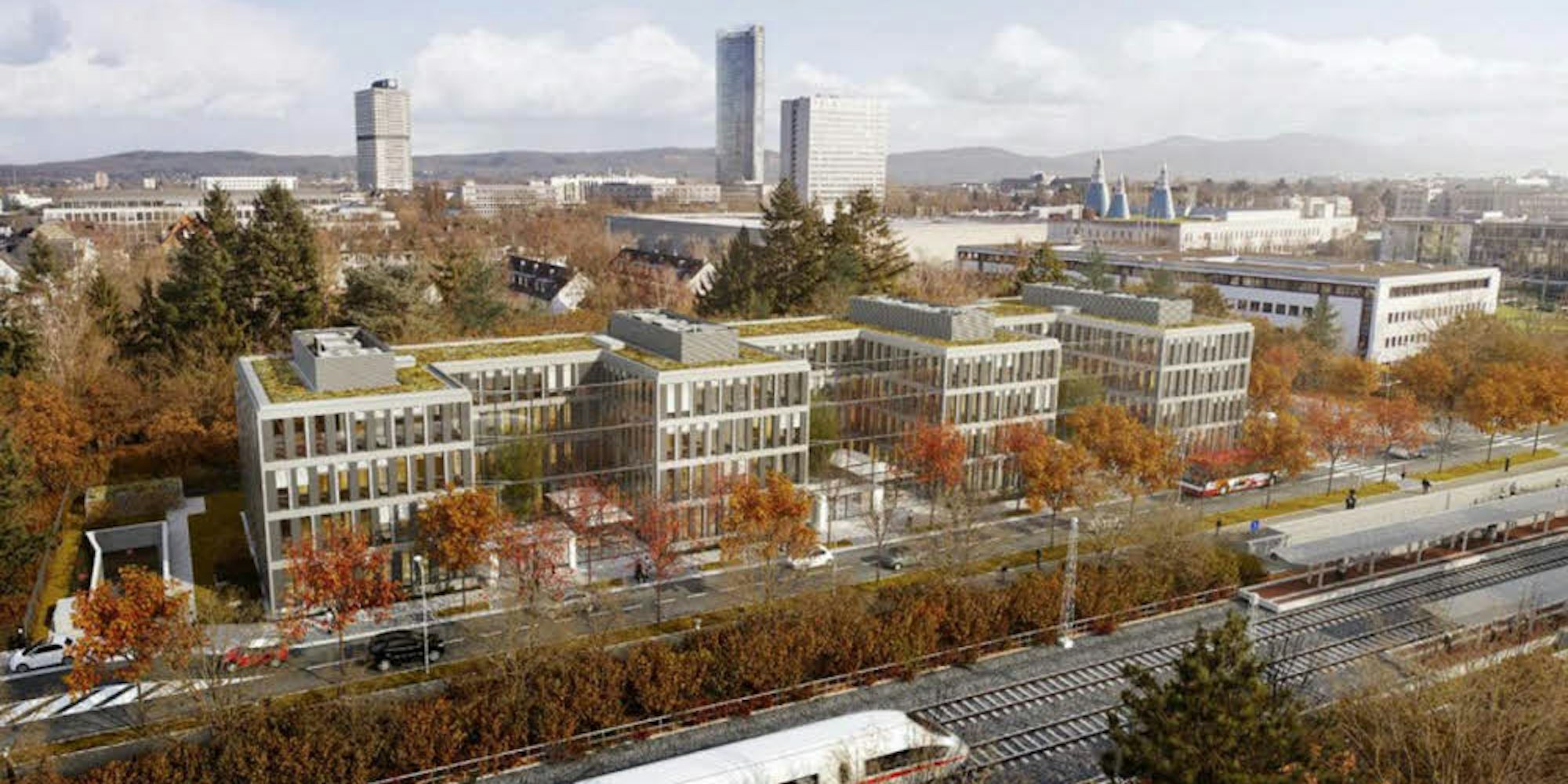 Für rund 25 Millionen Euro wird das „Haus der Höfe“ nahe dem Haltepunkt UN-Campus (r.) gebaut.