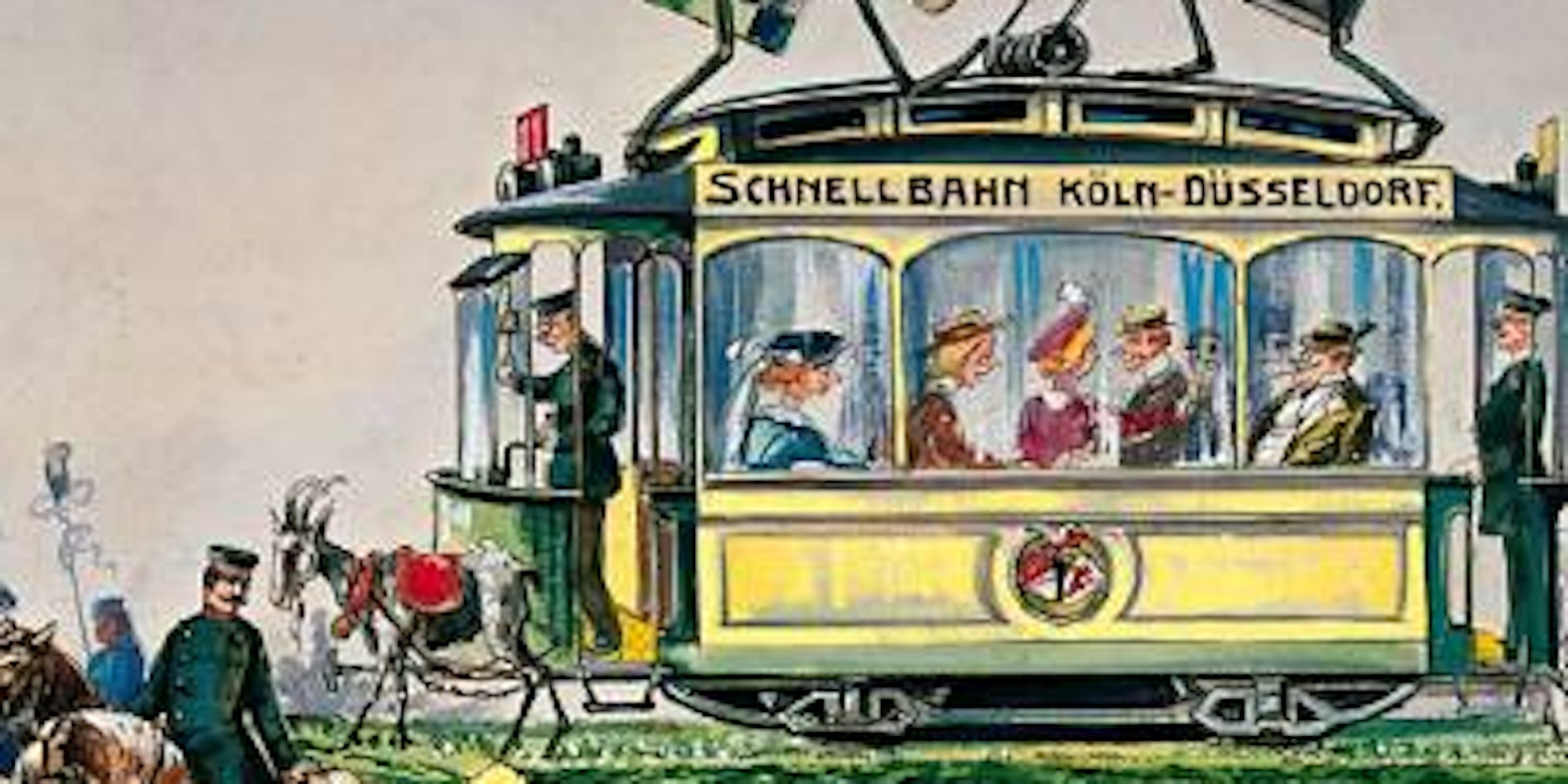 Die geplante Köln-Düsseldorfer Schnellbahn karikierte der Entwurf von Heinrich Recker, 1914: Die Rivalen Köln (4711-Flasche) und Düsseldorf (Senf) kämpfen auf dem Dach. (Bild: Kölnisches Stadtmuseum)