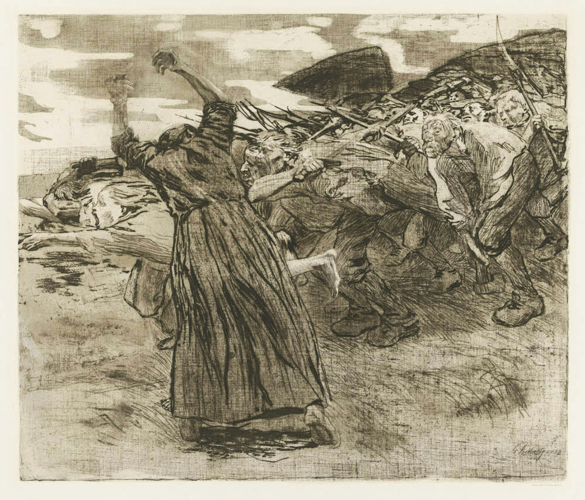 Die wütende Masse stürzt voran und trägt doch individuelle Züge. „Losbruch“ aus dem „Bauernkrieg“-Zyklus (1902/03) zeigt die kämpferische Kollwitz auf der Höhe ihrer Kunst.